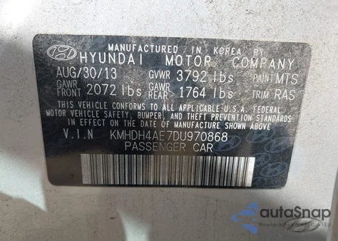 2013 Hyundai Elantra Limited z USA, uszkodzony, nr VIN KMHDH4AE7DU970868